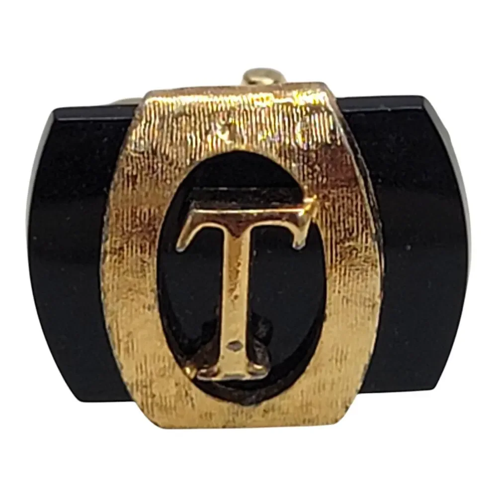 Vintage Swank Initial T Cufflinks Gold Tone Black Monogram Mid Century Mens